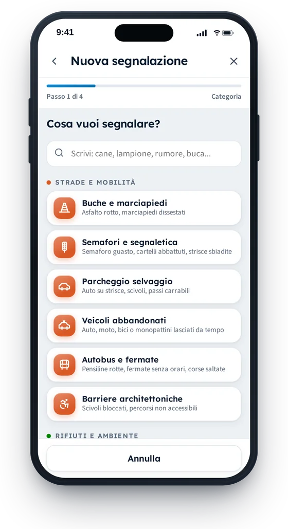 Schermata con l'elenco dei problemi da segnalare, divisi per gruppo