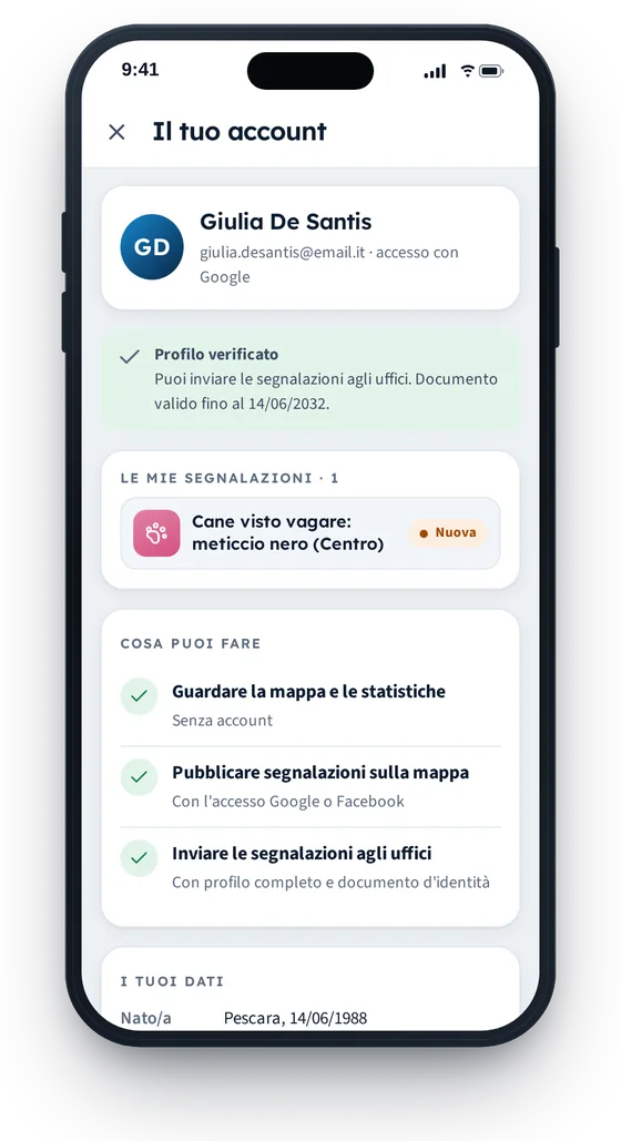 Schermata dell'account con profilo verificato e documento valido