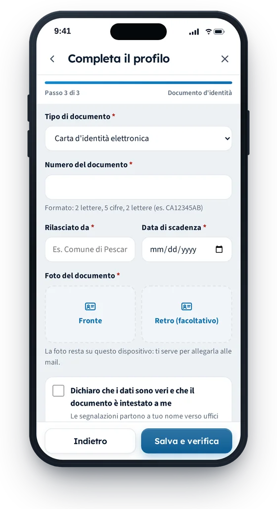Passo del profilo in cui si inseriscono i dati del documento