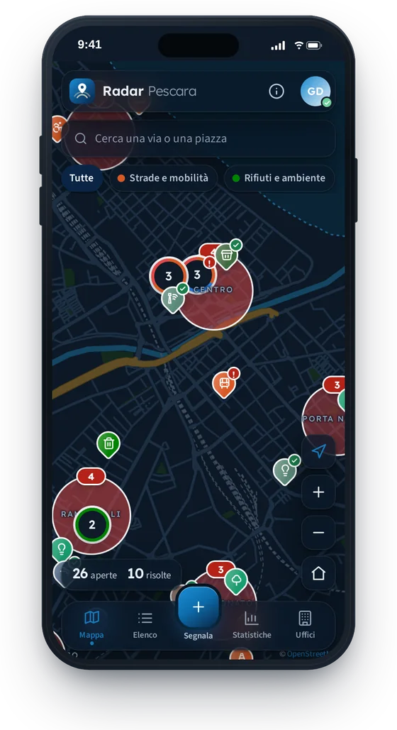 Mappa con tema scuro e zone calde evidenziate